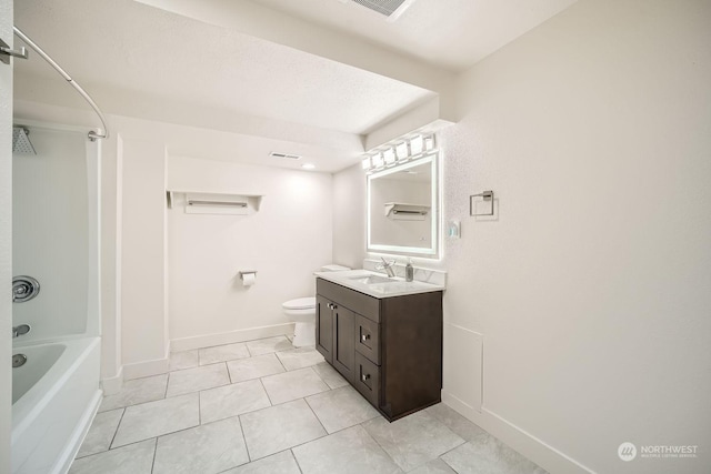 full bathroom with shower / bathing tub combination, vanity, toilet, and tile patterned floors