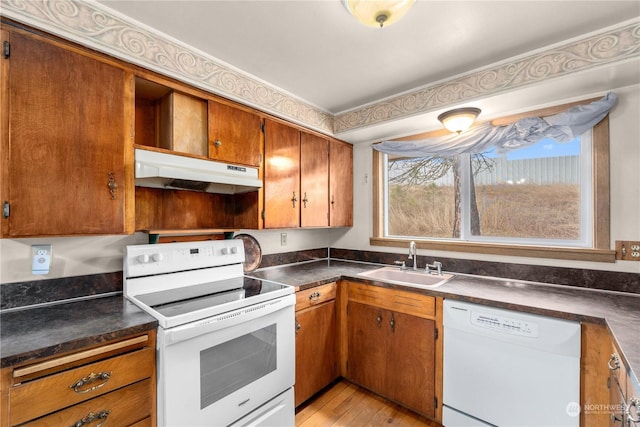 kitchen featuring white appliances, light hardwood / wood-style floors, and sink