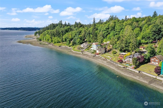 aerial view with a water view and a beach view