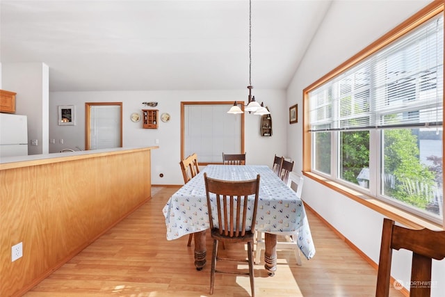 dining space with vaulted ceiling and light hardwood / wood-style flooring