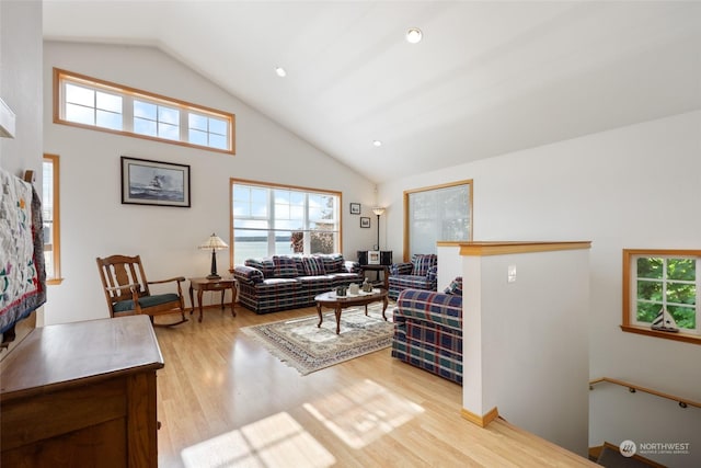 living room with light hardwood / wood-style floors and high vaulted ceiling