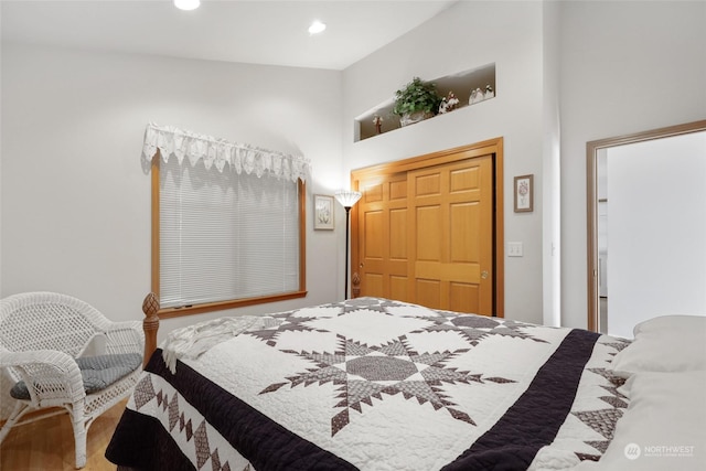 bedroom with a closet, a towering ceiling, and wood-type flooring