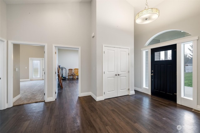 entrance foyer featuring dark hardwood / wood-style flooring and a towering ceiling