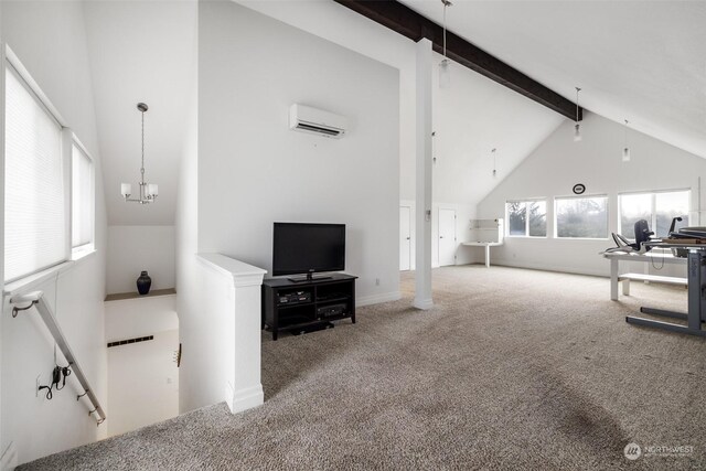 carpeted living room featuring beam ceiling, high vaulted ceiling, a notable chandelier, and an AC wall unit