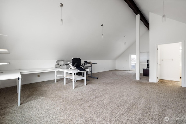 unfurnished office with carpet flooring and lofted ceiling with beams