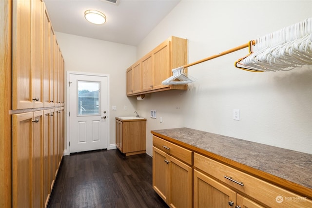 laundry room with hookup for a washing machine, dark hardwood / wood-style flooring, and cabinets