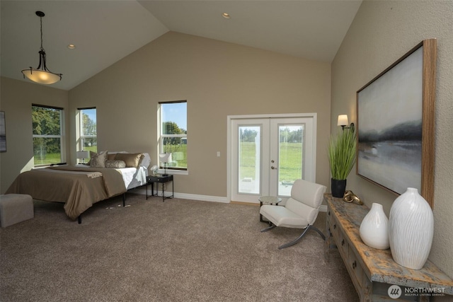 43 Triopha Ln, Sequim, WA 98382 - carpeted bedroom featuring high vaulted ceiling, french doors, and access to exterior
