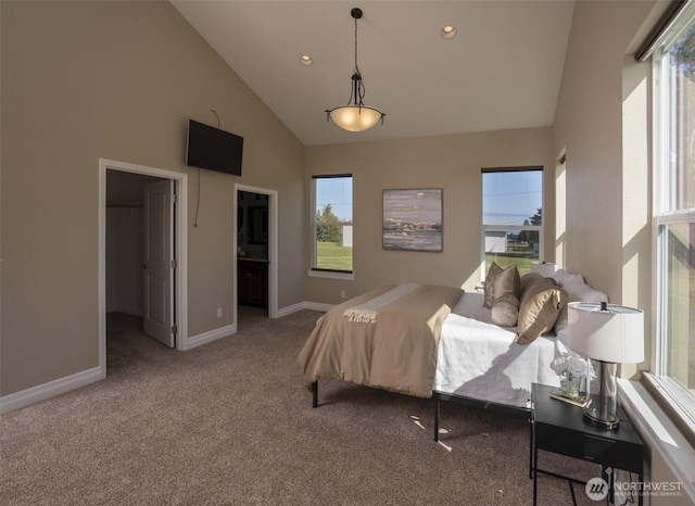 43 Triopha Ln, Sequim, WA 98382 - carpeted bedroom featuring baseboards, high vaulted ceiling, and recessed lighting