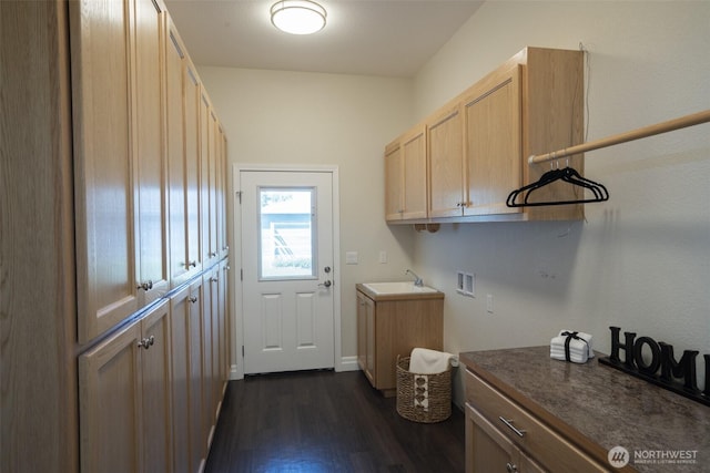 43 Triopha Ln, Sequim, WA 98382 - laundry area featuring a sink, dark wood-type flooring, washer hookup, and cabinet space
