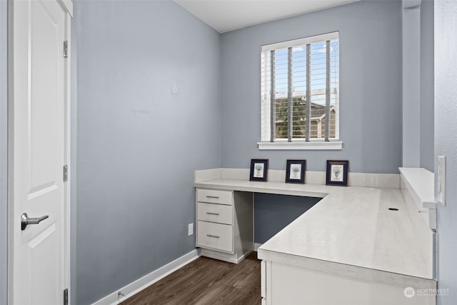 office area with built in desk and dark hardwood / wood-style floors