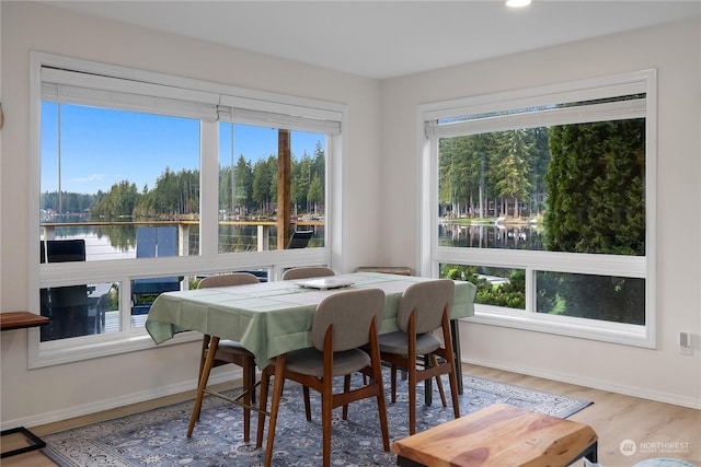 dining space with hardwood / wood-style floors and a water view