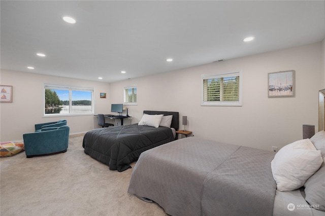 carpeted bedroom with multiple windows