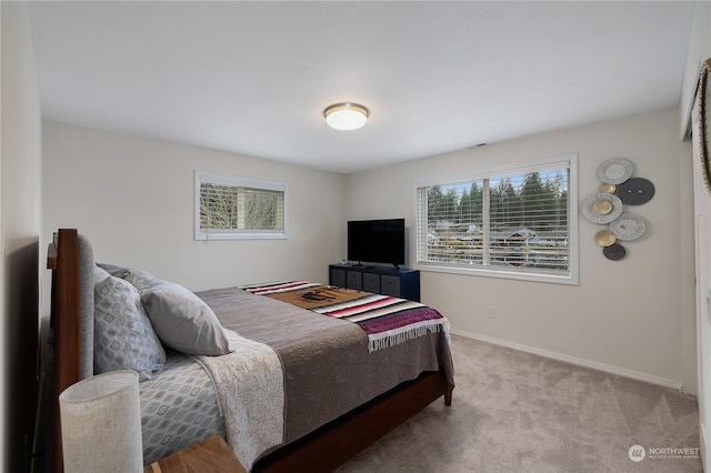 bedroom featuring light colored carpet