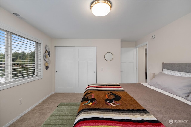 carpeted bedroom with a closet