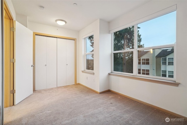 unfurnished bedroom featuring carpet flooring and a closet