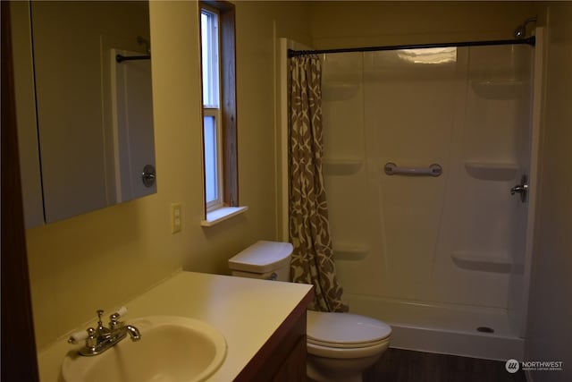 bathroom featuring walk in shower, vanity, and toilet