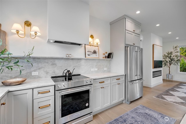 kitchen featuring tasteful backsplash, light hardwood / wood-style flooring, and stainless steel appliances