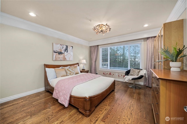 bedroom featuring ornamental molding and dark wood-type flooring