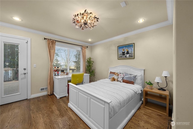 bedroom with dark hardwood / wood-style flooring, crown molding, and access to exterior