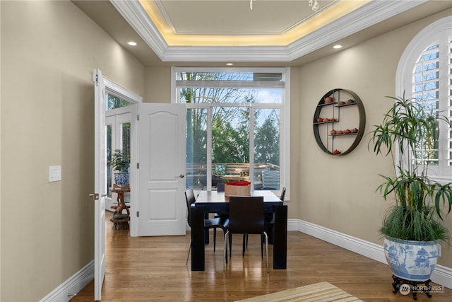 interior space with a raised ceiling, hardwood / wood-style flooring, ornamental molding, and a healthy amount of sunlight