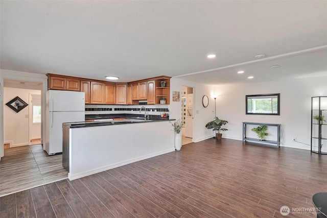11427 Military Rd, Seattle, WA 98168 - kitchen with freestanding refrigerator, a sink, open floor plan, open shelves, and dark countertops