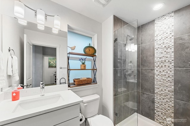 bathroom with vanity, toilet, and walk in shower