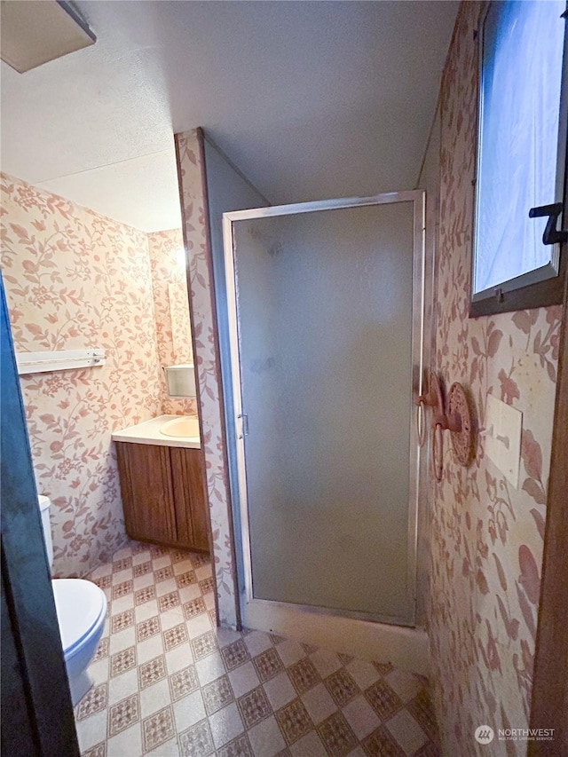 bathroom with vanity, toilet, and a shower with shower door