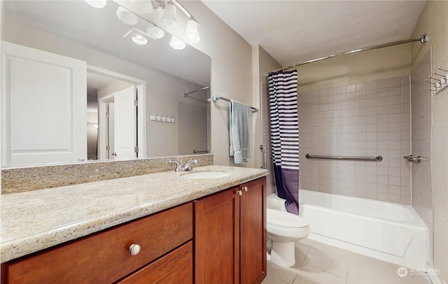 full bathroom featuring shower / bathtub combination with curtain, tile patterned flooring, vanity, and toilet