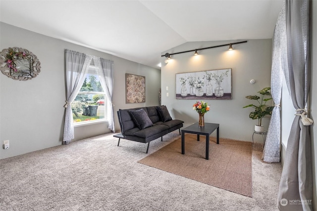 living area featuring carpet and vaulted ceiling