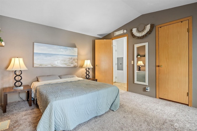 carpeted bedroom featuring electric panel and lofted ceiling