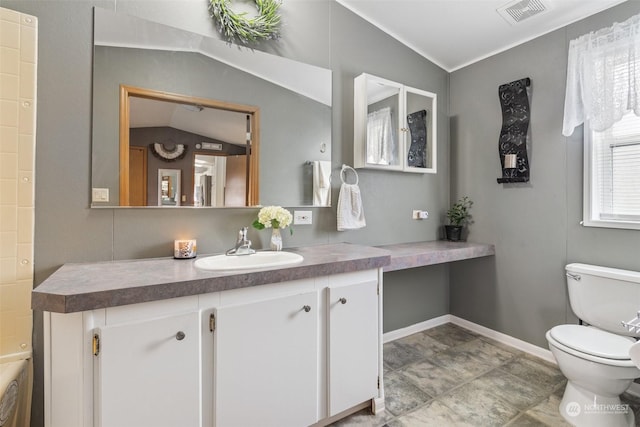 bathroom featuring toilet, vanity, and vaulted ceiling