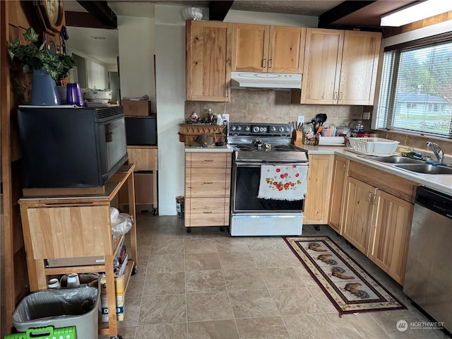 4757 State Route 109, Moclips, WA 98562 - kitchen with electric range oven, stainless steel dishwasher, under cabinet range hood, and light brown cabinets