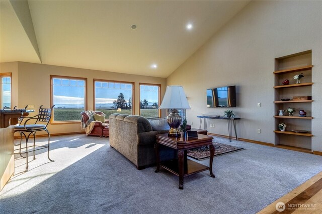 1078 Gardena Creek Rd, Touchet, WA 99360 - living room with high vaulted ceiling, baseboards, and recessed lighting