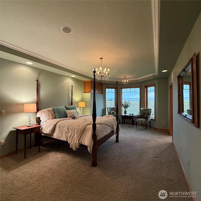 1078 Gardena Creek Rd, Touchet, WA 99360 - bedroom featuring a chandelier, carpet, baseboards, recessed lighting, and a raised ceiling