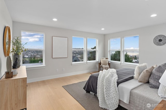 bedroom featuring light hardwood / wood-style floors and multiple windows