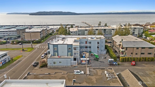 bird's eye view with a water view