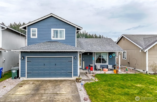 traditional-style house featuring a garage, concrete driveway, a front lawn, and roof with shingles