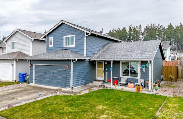 traditional-style home with a shingled roof, fence, a front lawn, and concrete driveway