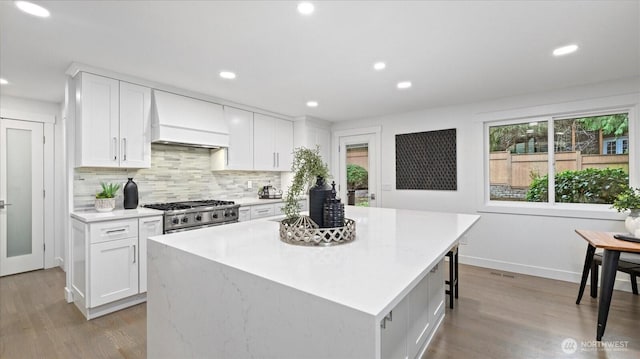 kitchen featuring white cabinetry, custom range hood, stove, and decorative backsplash