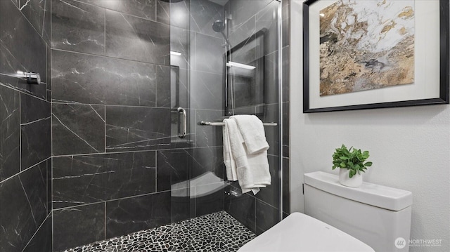 bathroom featuring a stall shower and toilet