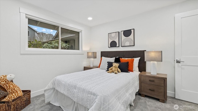 bedroom with recessed lighting, carpet, and baseboards