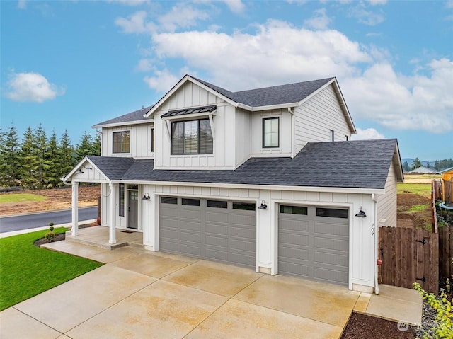 modern farmhouse style home featuring a garage