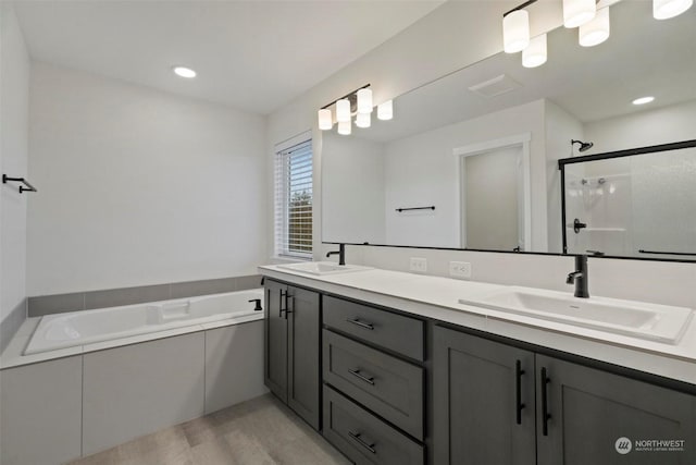 bathroom with vanity, hardwood / wood-style flooring, and independent shower and bath