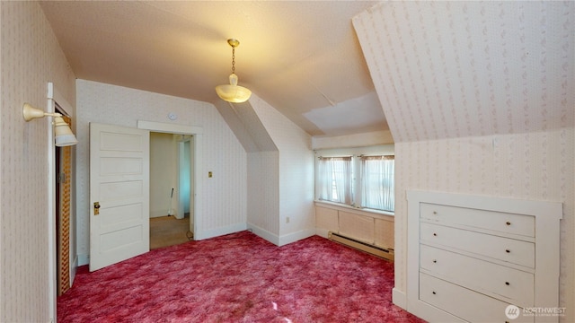bonus room with wallpapered walls, carpet, baseboard heating, and vaulted ceiling