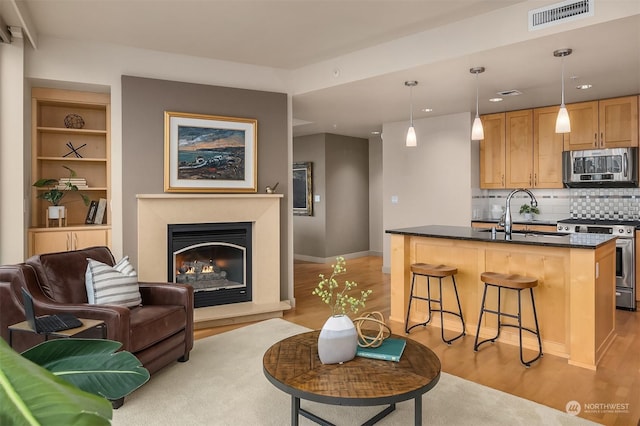 living room with sink, light hardwood / wood-style floors, and built in features