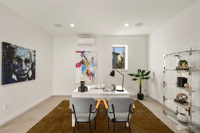 dining room with light carpet and a wall mounted air conditioner