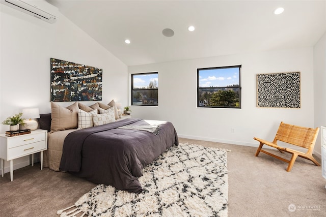 bedroom with lofted ceiling, light carpet, and a wall unit AC