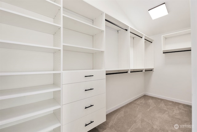 walk in closet with lofted ceiling and light carpet