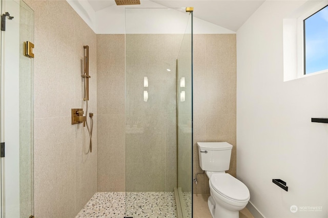 bathroom with tiled shower, lofted ceiling, and toilet