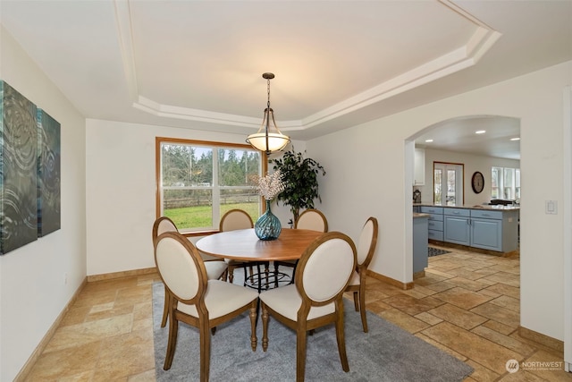 dining area with a raised ceiling